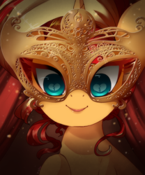 Size: 500x600 | Tagged: safe, artist:loyaldis, character:sunset shimmer, species:pony, species:unicorn, alternate hairstyle, bust, crying inside, female, heart, heart eyes, heartbreak, looking at you, mare, mask, masked shimmer, portrait, raised hoof, sad, smiling, solo, wingding eyes