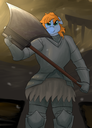 Size: 2500x3500 | Tagged: safe, artist:lupin quill, oc, oc only, oc:quick trip, species:anthro, armor, axe, clothing, crossover, dark souls, solo, video game crossover, weapon