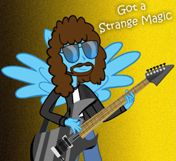 Size: 1079x987 | Tagged: safe, artist:grapefruitface1, oc, oc only, oc:electric light, my little pony:equestria girls, electric guitar, electric light orchestra, elo, equestria girls-ified, equestria light orchestra, facial hair, guitar, jeff lynne, music, musician, parody, ponied up, solo, song reference, strange magic, swag