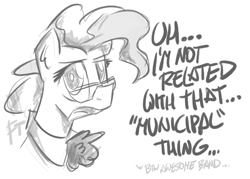 Size: 1261x904 | Tagged: safe, artist:flutterthrash, character:mayor mare, species:earth pony, species:pony, black and white, dialogue, female, grayscale, mare, monochrome, municipal waste, simple background, solo, white background