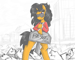 Size: 1200x960 | Tagged: safe, artist:flutterthrash, oc, oc only, species:pony, species:unicorn, black hair, black mane, clothing, commission, female, for sale, glasses, mare, megadeth, ponified, ponified album cover, semi-anthro, sign, solo, standing, suit