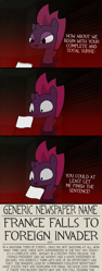 Size: 3008x8024 | Tagged: safe, artist:moonatik, derpibooru original, character:fizzlepop berrytwist, character:tempest shadow, my little pony: the movie (2017), alternate ending, comic, dialogue, female, france, newspaper, semi-vulgar, solo, stereotype, surrender, text, wall of text, white flag