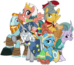 Size: 4100x3600 | Tagged: safe, artist:cheezedoodle96, character:flash magnus, character:meadowbrook, character:mistmane, character:rockhoof, character:somnambula, character:star swirl the bearded, species:earth pony, species:pegasus, species:pony, species:unicorn, episode:shadow play, g4, my little pony: friendship is magic, .svg available, female, glowpaz, group shot, healer's mask, helmet, looking at you, male, mare, mask, netitus, pillars of equestria, rockhoof's shovel, shield, simple background, smiling, stallion, svg, transparent background, vector