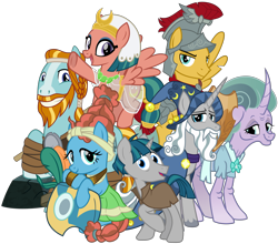 Size: 4100x3600 | Tagged: safe, artist:cheezedoodle96, character:flash magnus, character:meadowbrook, character:mistmane, character:rockhoof, character:somnambula, character:star swirl the bearded, character:stygian, species:earth pony, species:pegasus, species:pony, species:unicorn, episode:shadow play, g4, my little pony: friendship is magic, .svg available, female, glowpaz, group shot, healer's mask, looking at you, male, mare, mask, netitus, pillars of equestria, rockhoof's shovel, shield, simple background, smiling, stallion, svg, transparent background, vector