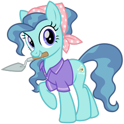 Size: 3000x3000 | Tagged: safe, artist:cheezedoodle96, character:petunia paleo, species:earth pony, species:pony, g4, .svg available, adult, archaeologist, clothing, cute, female, headscarf, looking at you, mare, mouth hold, older, older petunia paleo, petuniabetes, raised hoof, scarf, shirt, simple background, smiling, solo, svg, three quarter view, transparent background, trowel, vector