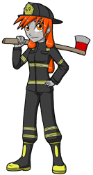 Size: 1608x3000 | Tagged: safe, artist:artemis-polara, oc, oc only, oc:iron filigree, my little pony:equestria girls, axe, clothing, commission, equestria girls-ified, female, firefighter, firefighter helmet, helmet, solo, weapon