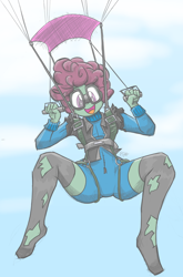 Size: 900x1367 | Tagged: safe, artist:flutterthrash, oc, oc only, oc:windcatcher, my little pony:equestria girls, clothing, commission, equestria girls-ified, female, goggles, jacket, jumpsuit, leather jacket, long sleeves, parachute, skydiving, spread legs, spreading, stockings, thigh highs, torn clothes, zettai ryouiki