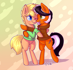 Size: 2322x2208 | Tagged: safe, artist:dsp2003, oc, oc only, oc:box cutter, oc:jai heart, species:earth pony, species:pony, species:unicorn, blushing, clothing, cute, hoodie, hug, male, tongue out