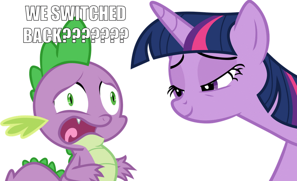 Size: 1014x619 | Tagged: safe, artist:frownfactory, edit, character:spike, character:twilight sparkle, character:twilight sparkle (alicorn), species:alicorn, species:dragon, species:pony, episode:triple threat, g4, my little pony: friendship is magic, body swap, faec, female, image macro, lidded eyes, male, mare, meme, open mouth, out of context, panic, simple background, smiling, text, transparent background, vector