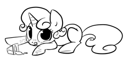 Size: 697x322 | Tagged: safe, artist:php27, character:sweetie belle, species:pony, species:unicorn, female, filly, food, monochrome, prone, pudding, solo, tongue out