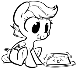 Size: 426x386 | Tagged: safe, artist:php27, character:scootaloo, species:pegasus, species:pony, cute, cutealoo, female, filly, flan, food, licking, licking lips, monochrome, pudding, sitting, solo, tongue out