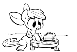 Size: 688x464 | Tagged: safe, artist:php27, character:apple bloom, species:earth pony, species:pony, female, filly, jello, monochrome, sitting, solo