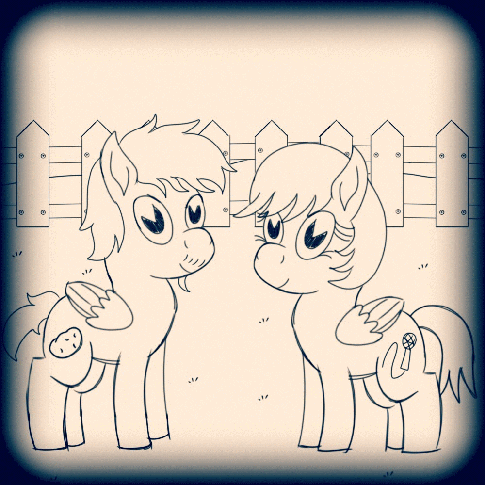 Size: 1000x1000 | Tagged: safe, artist:toyminator900, oc, oc only, oc:chip, oc:melody notes, species:pegasus, species:pony, 1930s, animated, cartoon, cutie mark, duo, facial hair, fence, folded wings, smiling, stomping