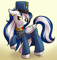 Size: 1219x1280 | Tagged: safe, artist:sugaryviolet, oc, oc only, oc:jet stream, species:earth pony, species:pegasus, species:pony, austro-hungarian, clothing, commission, ear piercing, earring, female, hat, jewelry, mare, medal, pants, piercing, shirt, solo, uniform