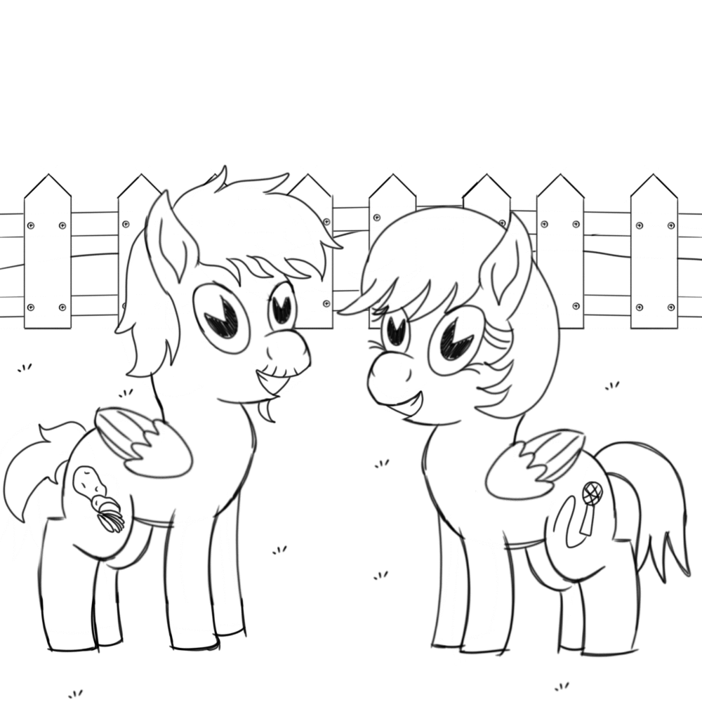 Size: 1000x1000 | Tagged: safe, artist:toyminator900, oc, oc only, oc:chip, oc:melody notes, species:pegasus, species:pony, 1930s, animated, black and white, duo, fence, gif, grayscale, injured, monochrome