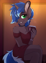 Size: 1408x1914 | Tagged: safe, artist:meggchan, oc, oc only, oc:lock down, species:anthro, species:unguligrade anthro, species:unicorn, g4, alcohol, anthro oc, bar, blushing, chest fluff, choker, clothing, crossdressing, cup, dress, ear fluff, femboy, looking at you, male, malesub, red dress, sitting, smiling, solo, stallion, submissive, trap, unicorn malesub, unicorn oc, wine