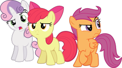 Size: 6881x3872 | Tagged: safe, artist:frownfactory, character:apple bloom, character:scootaloo, character:sweetie belle, species:earth pony, species:pegasus, species:pony, species:unicorn, episode:crusaders of the lost mark, g4, my little pony: friendship is magic, .svg available, apple bloom's bow, bow, cutie mark crusaders, female, filly, hair bow, horn, simple background, svg, transparent background, unamused, upset, vector, wings