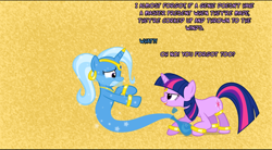 Size: 1280x707 | Tagged: safe, artist:navitaserussirus, character:trixie, character:twilight sparkle, asktwixiegenies, ship:twixie, female, genie, lesbian, shipping