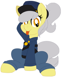 Size: 1311x1647 | Tagged: safe, artist:pearlyiridescence, derpibooru original, oc, oc only, oc:osha, species:earth pony, species:pony, 2018 community collab, derpibooru community collaboration, american civil war, belt, blep, clothing, cute, female, hat, hooves behind head, looking at you, mare, military, pants, ponytail, shirt, silly, simple background, sitting, smiling, solo, tongue out, transparent background, uniform, union