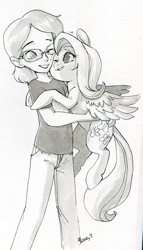 Size: 1096x1920 | Tagged: safe, artist:php27, character:fluttershy, oc, species:human, species:pegasus, species:pony, cheek squish, hug, human male, looking at each other, male, monochrome, smiling, spread wings, squishy cheeks, traditional art, watercolor painting, wings