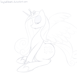 Size: 1024x1024 | Tagged: safe, artist:longtailshort, character:princess cadance, species:alicorn, species:pony, bedroom eyes, cutie mark, female, hoof shoes, horn, horseshoes, lineart, lovebutt, mare, monochrome, plot, princess shoes, sitting, solo, stupid sexy princess cadance, wings