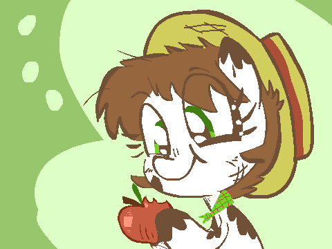 Size: 480x360 | Tagged: dead source, safe, artist:tess, oc, oc only, species:earth pony, species:pony, :t, animated, apple, blinking, bust, chewing, clothing, dirty, eating, female, food, gif, hat, hobo pony, looking at something, mare, smiling, solo
