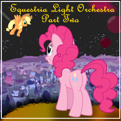Size: 1200x1200 | Tagged: safe, artist:grapefruitface1, character:applejack, character:pinkie pie, species:pegasus, species:pony, album cover, electric light orchestra, elo, elo part 2, elo part ii, equestria light orchestra, flapplejack, music, planet, ponyville, race swap, science fiction