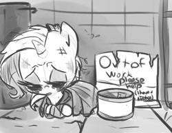 Size: 1650x1275 | Tagged: dead source, safe, artist:tess, character:rarity, begging, female, hobo, homeless, monochrome, sad, sketch, solo