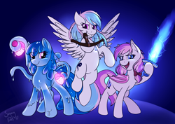 Size: 4092x2893 | Tagged: safe, artist:sugaryviolet, oc, oc only, oc:flowheart, oc:malina, oc:starburn, species:bat pony, species:pegasus, species:pony, bow, commission, crossbow, female, goo pony, grin, hair bow, looking at you, mare, open mouth, original species, pigtails, pose, potion, smiling, spread wings, sword, trio, weapon, wings