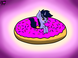 Size: 2048x1536 | Tagged: safe, artist:kimjoman, oc, oc only, oc:purple flix, species:pony, colt, cute, donut, food, gradient background, happy, heart, heart eyes, looking up, male, open mouth, smiling, solo, tiny, wingding eyes