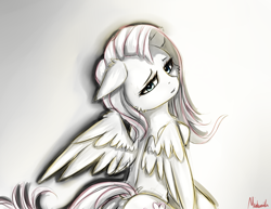 Size: 1400x1080 | Tagged: safe, artist:miokomata, character:fluttershy, species:pegasus, species:pony, female, lidded eyes, looking at you, looking back, looking back at you, sketch, solo, wings