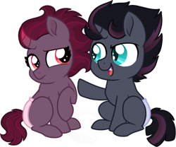 Size: 600x500 | Tagged: safe, artist:tambelon, oc, oc only, oc:flicker flash, oc:shadow gale, parent:king sombra, parent:tempest shadow, parents:sombrest, species:pony, species:unicorn, my little pony: the movie (2017), baby, baby pony, brother and sister, colt, diaper, duo, fangs, female, filly, foal, male, next generation, offspring, simple background, transparent background