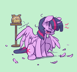 Size: 1054x983 | Tagged: safe, artist:dawnfire, character:owlowiscious, character:twilight sparkle, character:twilight sparkle (alicorn), species:alicorn, species:pony, behaving like a bird, biting, blushing, cute, duo, eyes closed, feather, female, green background, mare, messy mane, molting, preening, simple background, sitting, sympathy, twiabetes, unsound effect, wing bite