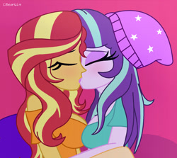 Size: 1554x1385 | Tagged: safe, artist:cbear624, character:starlight glimmer, character:sunset shimmer, ship:shimmerglimmer, equestria girls:mirror magic, g4, my little pony: equestria girls, my little pony:equestria girls, spoiler:eqg specials, beanie, blushing, breasts, busty sunset shimmer, clothing, eyes closed, female, hat, kissing, lesbian, shipping, shirt
