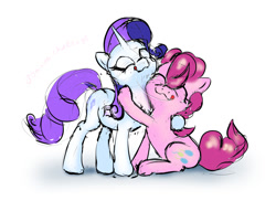 Size: 1242x904 | Tagged: safe, artist:xbi, character:pinkie pie, character:rarity, species:earth pony, species:pony, species:unicorn, ship:raripie, 30 minute art challenge, cute, eyes closed, female, hug, implied kissing, lesbian, mare, mlem, shipping, silly, simple background, sitting, smiling, tongue out, white background