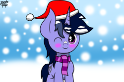Size: 2257x1500 | Tagged: safe, artist:kimjoman, oc, oc only, oc:purple flix, accessories, blushing, christmas, clothing, cute, hat, holiday, looking at you, male, one eye closed, scarf, snow, solo, standing, wink, winter