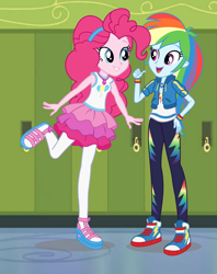 Size: 1072x1352 | Tagged: safe, artist:favoriteartman, artist:seahawk270, artist:themexicanpunisher, character:pinkie pie, character:rainbow dash, g4, my little pony: equestria girls, my little pony:equestria girls, canterlot high, clothing, converse, female, hallway, lockers, open mouth, pants, raised leg, shoes