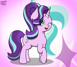 Size: 1752x1536 | Tagged: safe, artist:kimjoman, character:starlight glimmer, species:pony, species:unicorn, cute, cutie mark background, female, glimmerbetes, gradient background, happy, looking at you, mare, one eye closed, one hoof raised, sideview, solo, wink