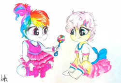 Size: 2898x1977 | Tagged: safe, artist:liaaqila, character:fluttershy, character:rainbow dash, my little pony:equestria girls, alternate hairstyle, baby, baby dash, babyshy, bow, clothing, cute, dashabetes, dawwww, dress, duo, friends, holding, looking at something, rattle, shyabetes, simple background, sitting, smiling, socks, toddler, traditional art, white background, younger
