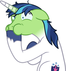 Size: 2370x2549 | Tagged: safe, artist:frownfactory, character:shining armor, species:pony, species:unicorn, episode:once upon a zeppelin, g4, my little pony: friendship is magic, .svg available, airsick, airsick armor, green face, horn, male, raised eyebrow, sick, simple background, solo, stallion, svg, transparent background, vector