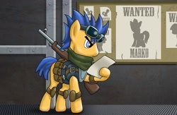 Size: 1600x1046 | Tagged: safe, artist:brony-commentator, artist:drawponies, character:flash sentry, fallout equestria, bounty hunter, clothing, commission, fallout, goggles, gun, male, rifle, scarf, solo, wanted poster, weapon
