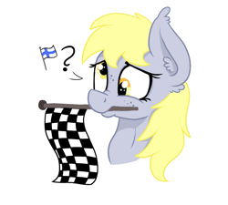 Size: 1269x1141 | Tagged: safe, artist:paskanaakka, derpibooru original, character:derpy hooves, bust, checkered flag, derp, ear fluff, female, finland, flag, freckles, mouth hold, nose wrinkle, portrait, pun, question mark, simple background, solo, visual gag, white background
