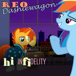 Size: 1200x1200 | Tagged: safe, artist:grapefruitface1, character:rainbow dash, character:sunburst, species:pony, 80s, album cover, bedroom eyes, cape, clothing, duo, female, infidelity, male, mare, night, parody, ponified, ponified album cover, record player, reo speedwagon, retro, stallion
