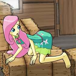 Size: 3000x3000 | Tagged: safe, artist:artemis-polara, character:fluttershy, my little pony:equestria girls, barefoot, clothing, commission, feet, female, hay bale, looking back, open mouth, solo