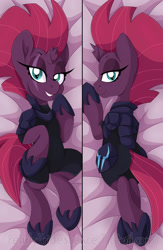 Size: 1355x2084 | Tagged: safe, artist:pearlyiridescence, character:tempest shadow, species:pony, my little pony: the movie (2017), armor, bed, body pillow, body pillow design, broken horn, clothing, eye scar, grin, on back, plot, prone, scar, shoes, smiling, tempass, underhoof