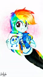 Size: 2121x3771 | Tagged: safe, artist:liaaqila, character:rainbow dash, episode:queen of clubs, g4, my little pony: equestria girls, my little pony:equestria girls, clothing, drawing, female, high res, pants, paper, peace sign, scene interpretation, signature, simple background, smiling, solo, traditional art, white background