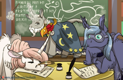 Size: 1024x662 | Tagged: safe, artist:inuhoshi-to-darkpen, character:philomena, character:princess celestia, character:princess luna, character:star swirl the bearded, species:alicorn, species:classical unicorn, species:pony, species:unicorn, bored, chalkboard, cloven hooves, disguise, ear fluff, elder futhark, eyes closed, feathered fetlocks, female, fluffy, glowing horn, goggles, horn, ink, leonine tail, levitation, magic, male, mare, old ponish, parchment, pink-mane celestia, quill, royal sisters, runes, s1 luna, seems legit, sisters, sleep mask, sleeping, stallion, telekinesis, unshorn fetlocks, windigo, wings, writing, written equestrian, younger