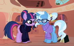 Size: 1600x1000 | Tagged: safe, artist:blackm3sh, artist:limedazzle, artist:xebck, character:trixie, character:twilight sparkle, species:pony, species:unicorn, ship:twixie, alternate hairstyle, blush sticker, blushing, clothing, female, glasses, golden oaks library, lesbian, mare, shipping, smiling, sweater