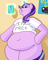 Size: 2510x3110 | Tagged: safe, artist:lupin quill, character:starlight glimmer, species:pony, bbw, belly button, bipedal, cellphone, chubby, clothing, duckface, fat, female, glowing horn, meme, neet, phone, selfie, semi-anthro, shirt, smartphone, solo, starlard glimmer
