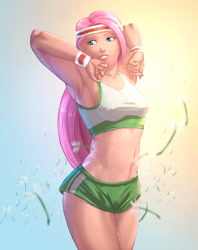 Size: 1600x2019 | Tagged: safe, artist:eve-ashgrove, artist:vest, character:fluttershy, species:human, armpits, belly button, clothing, female, headband, humanized, midriff, shorts, solo, sports bra, workout outfit, wristband